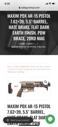 Maxim PDX AR-15 Pistol 7.62x39, 5.5 Barrel, Hate Brake, Flat Dark Earth Finish, PDW Brace, 20rd Mag - Safe Gun Shop.png